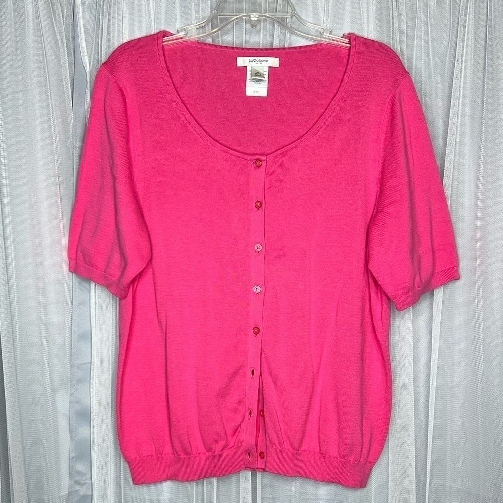 Liz Claiborne Hot Pink Short Sleeve Button Front Sweater